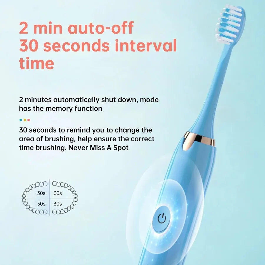 A close-up of a blue ultrasonic electric toothbrush with a white brush head, showing features for auto-off and timed brushing