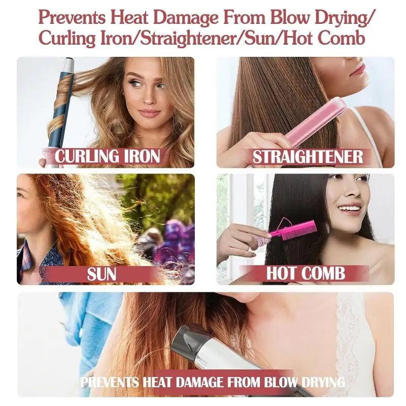Various hair styling tools like curling irons, straighteners, and hot combs are shown with a thermal protection leave-in cond