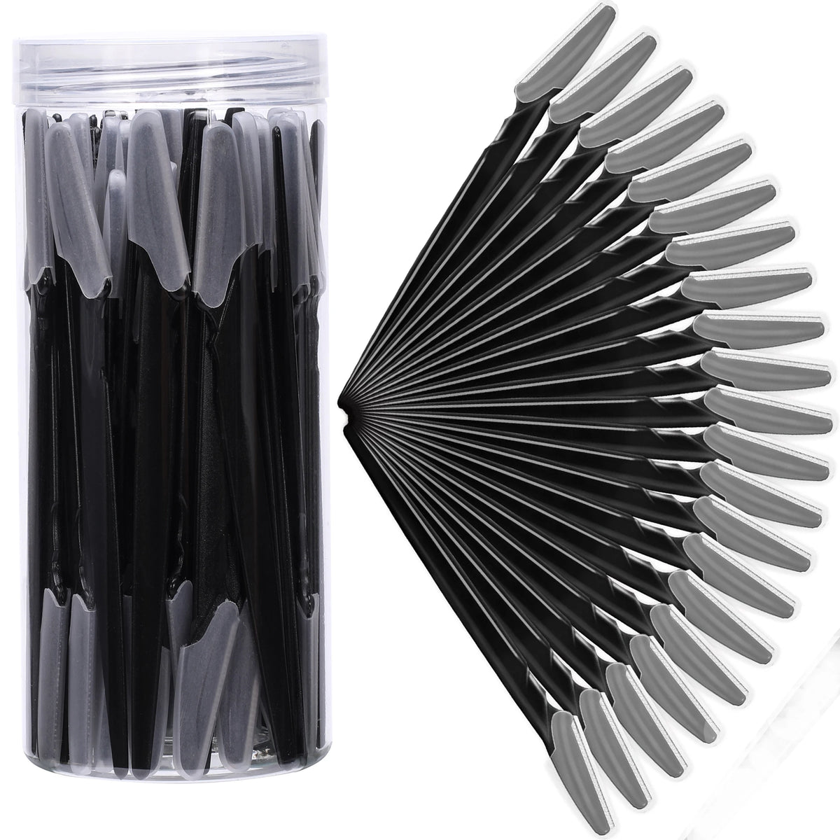 A set of black and silver multi-use stainless steel razors arranged in a fan shape.
