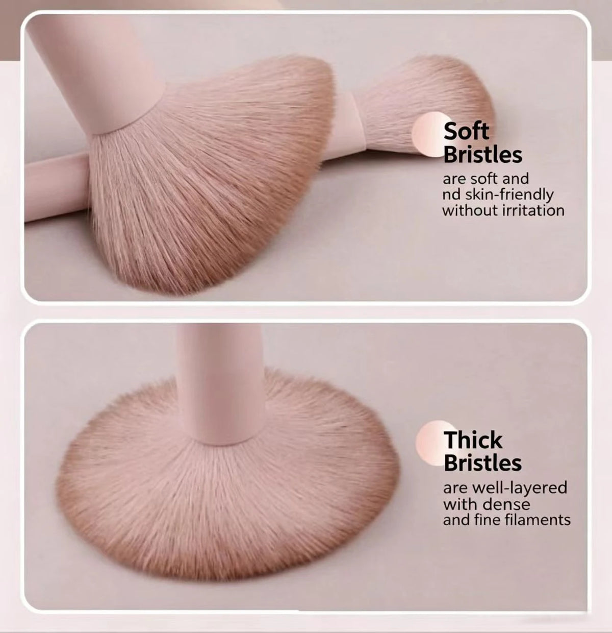 A set of professional loose powder makeup brushes showing soft and thick bristles in a dusty rose color.