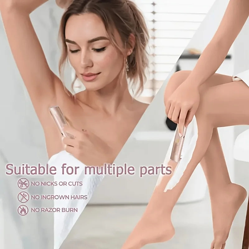 A woman is shown using a portable electric shaver epilator on her leg for hair removal.