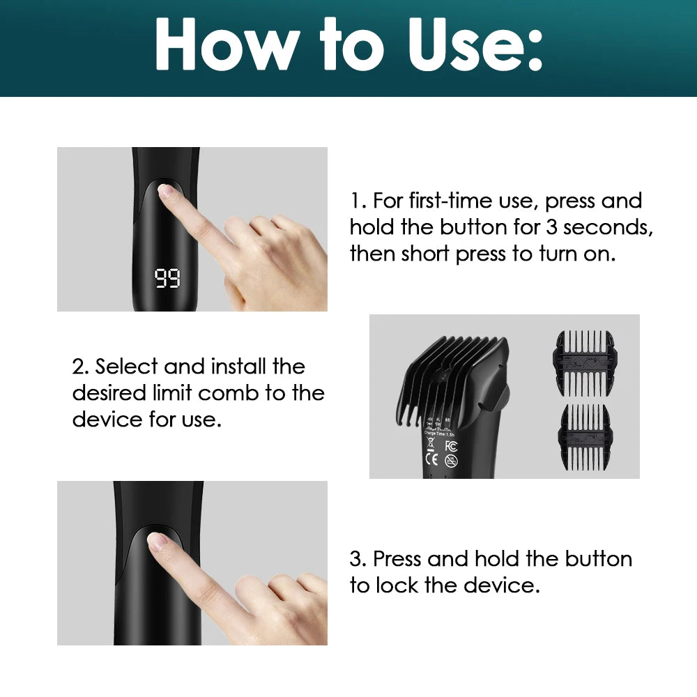 Instructions for using a black precision electric body hair trimmer, showing steps to turn on and lock the device.