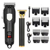 A set of professional cordless hair clippers and attachments in black and gold packaging.