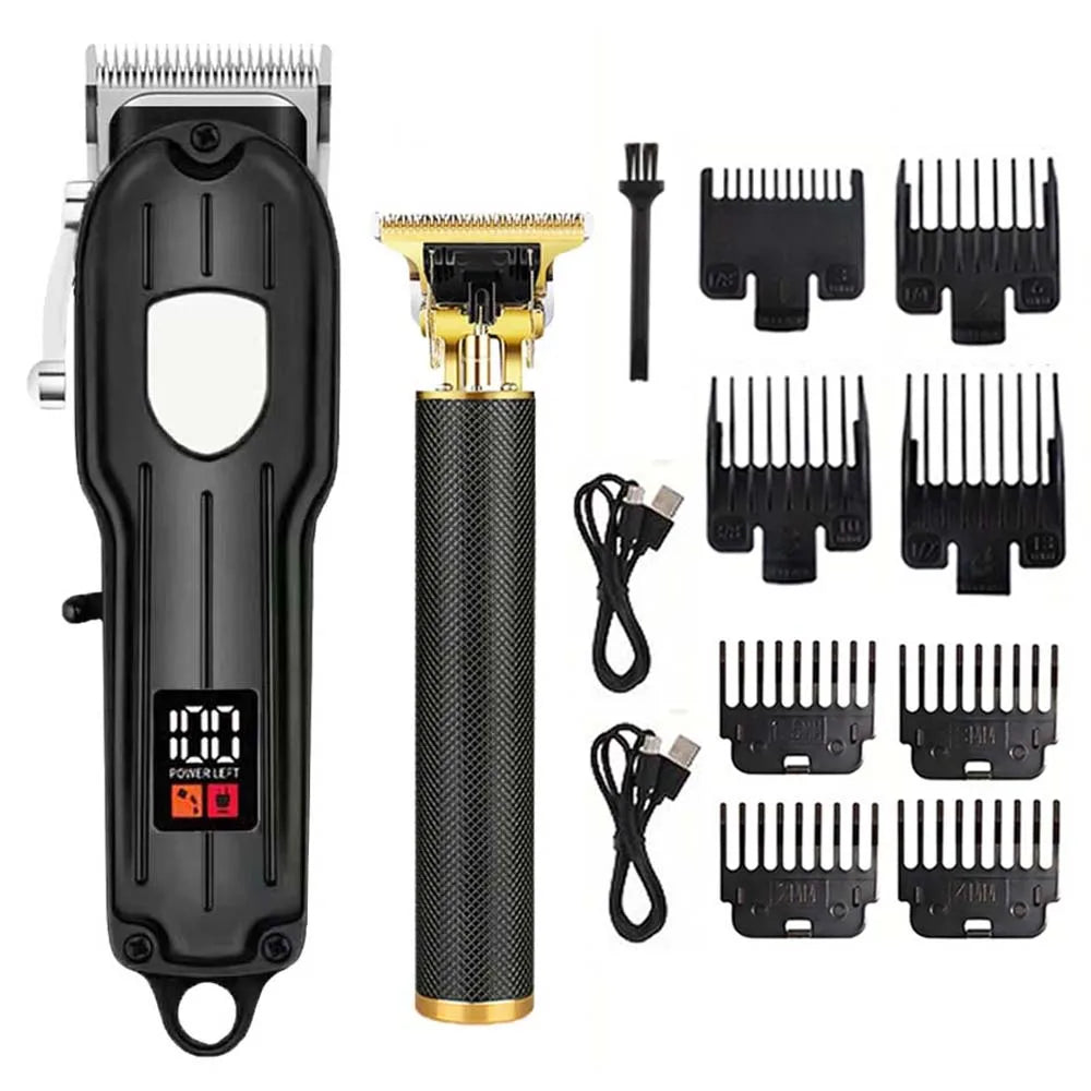 A set of professional cordless hair clippers and attachments in black and gold packaging.