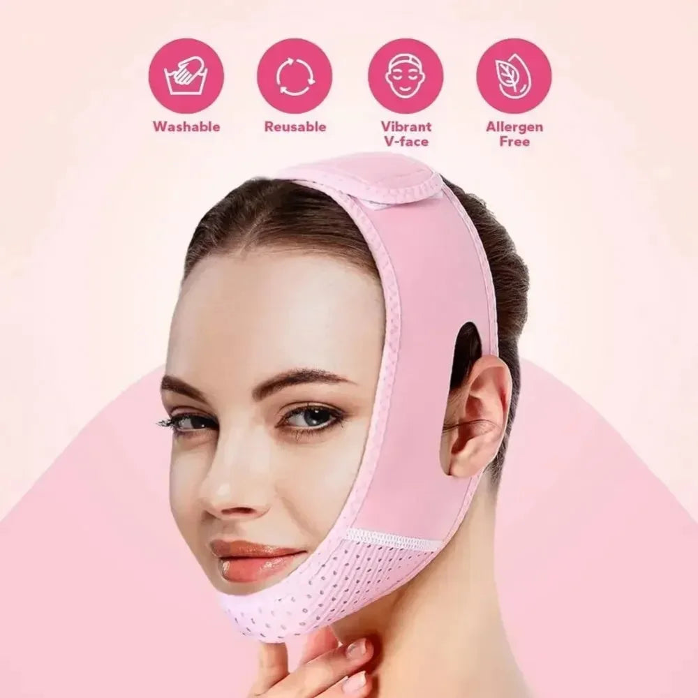 A woman is wearing a pink V-face shaping strap designed for jawline and double chin contouring.