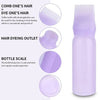 A purple bottle containing a hair color applicator comb and a fine-tooth comb for hair dyeing.