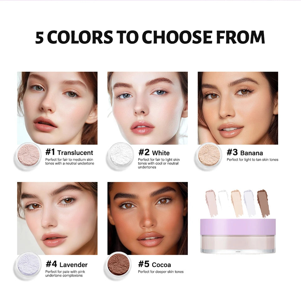 Five shades of translucent setting powder for face and skin tones shown in various cosmetic containers.
