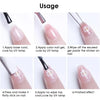 Instructions showing how to apply and cure embossed floral nail art stickers on a nail.