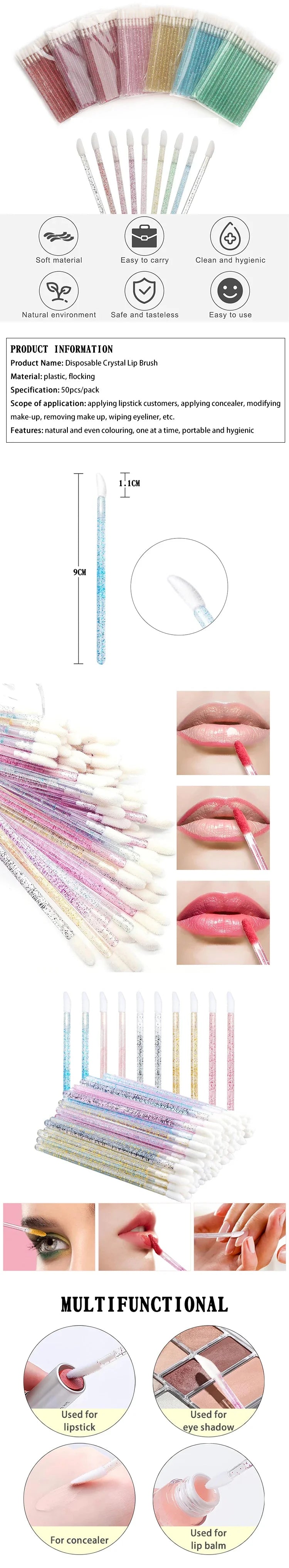 A collection of crystal lip brushes and lash spoolies in various colors and shades for makeup application.