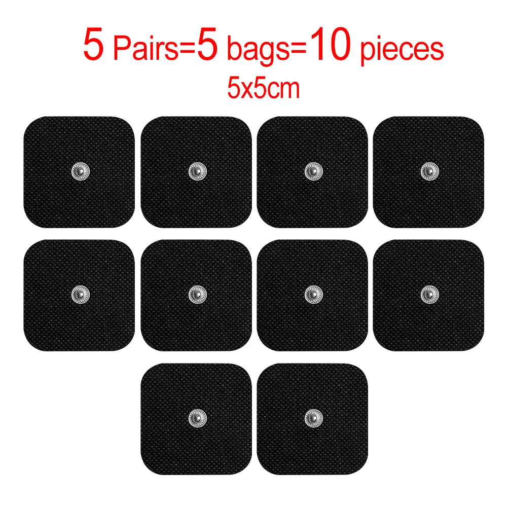 Ten black silicone pads for a TENS muscle stimulator, packaged as five pairs of bags.