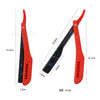 A red folding shaving razor with black accents shown in a side view.