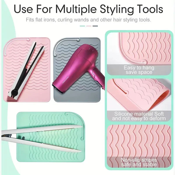 Silicone heat resistant mat designed to safely store and organize flat irons, curling wands, and other hair styling tools.