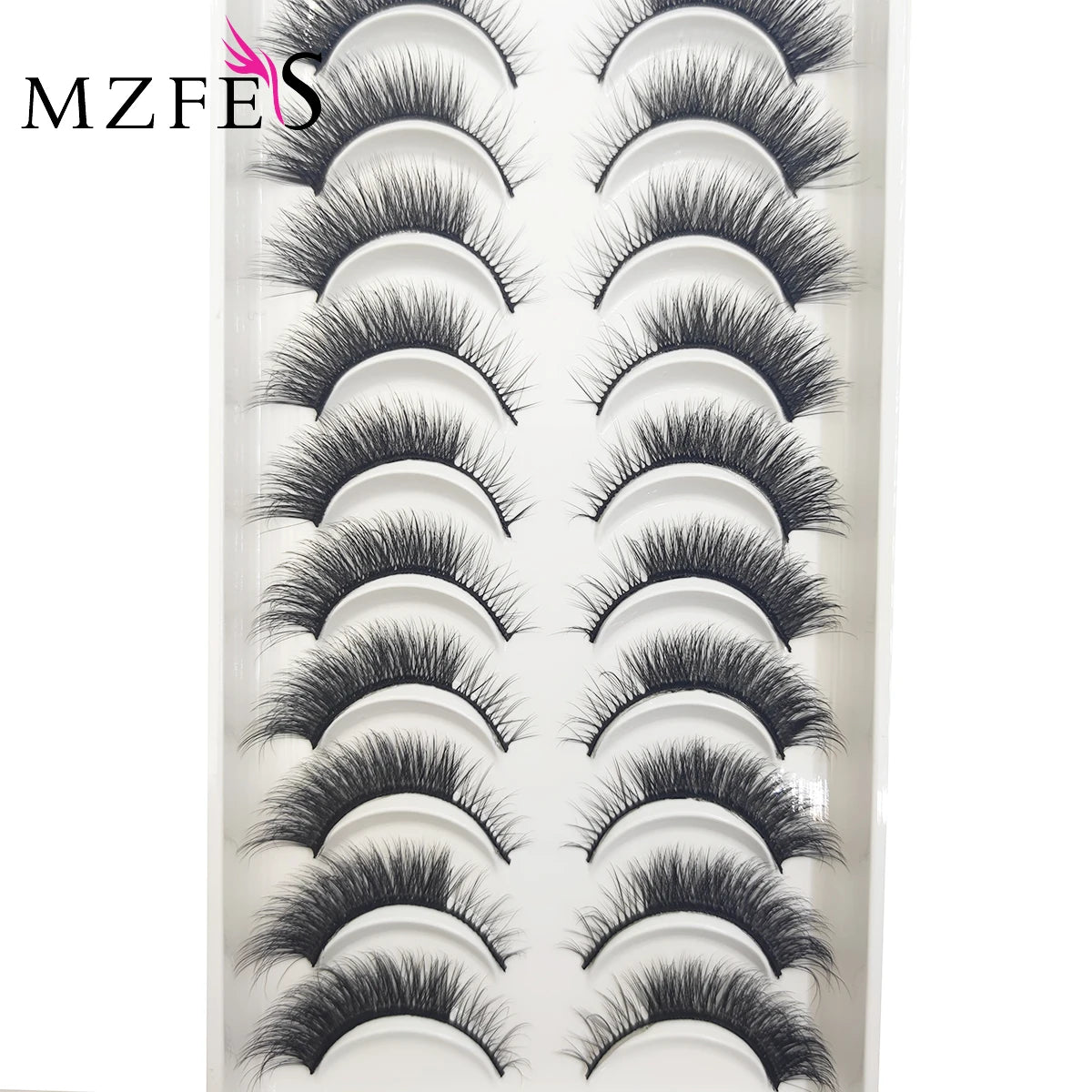 A display of natural 3D mink false eyelashes in various styles and lengths.