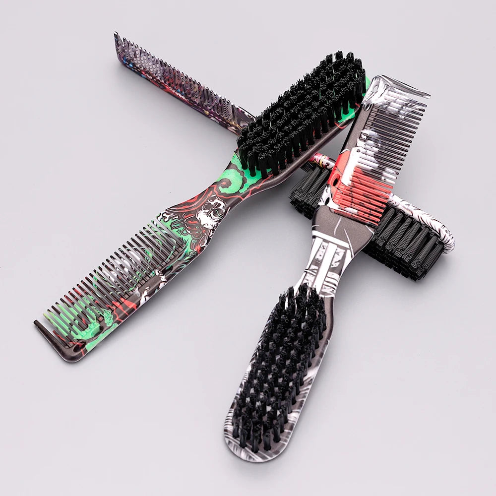 A pair of professional beard styling brushes with black bristles and metallic handles are displayed on a light gray backgroun