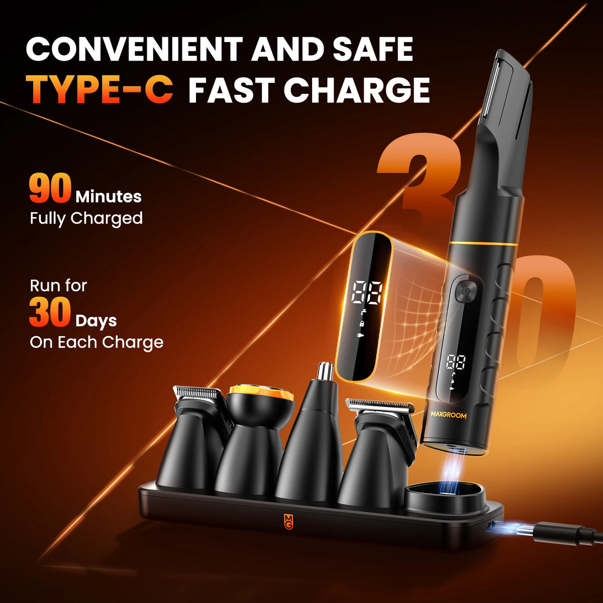 A black 4-in-1 body hair trimmer kit is shown charging via a Type-C cable on a stand.