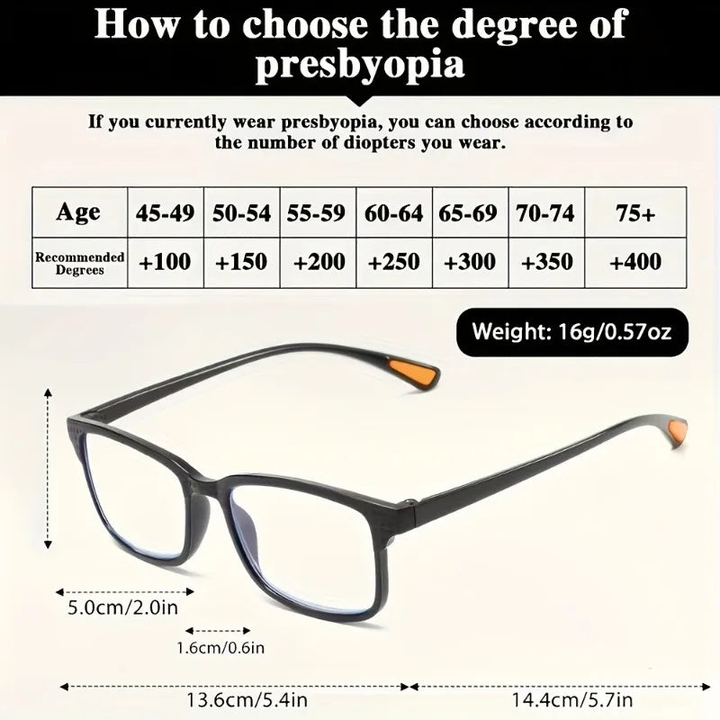 A pair of black anti-glare reading glasses with a rectangular frame and thin temples.