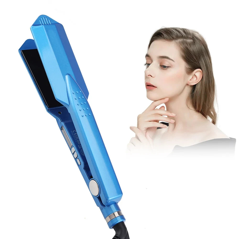 Blisses professionelles Titan-Glätteisen für Haar, neben einem Gesicht.
