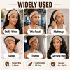 A woman wearing an adjustable no-slip wig grip headband shown in various daily use contexts like daily wear, workout, makeup,