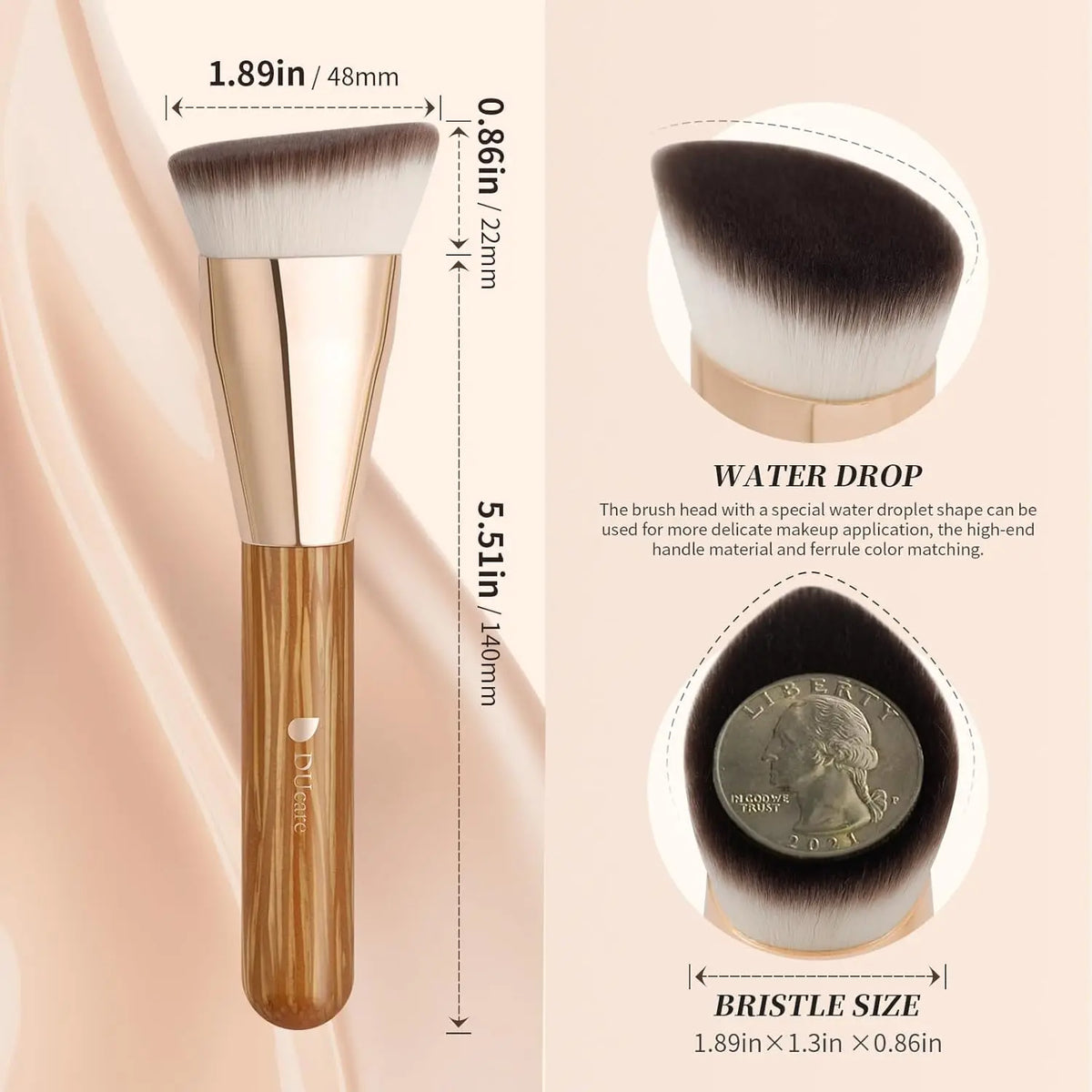A brown angled contour makeup foundation brush shown with dimensions and a circular view of the bristles.