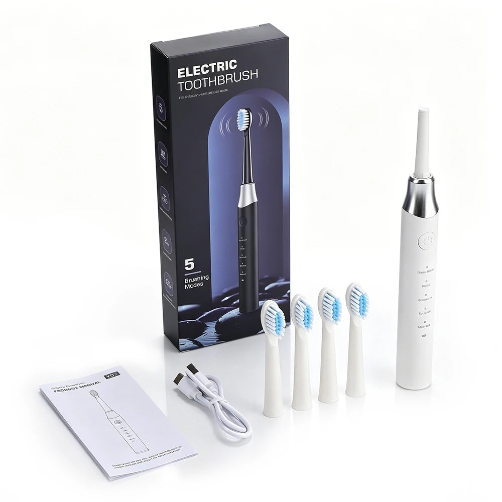 A box and several white electric toothbrushes with interchangeable heads are displayed on a white surface.