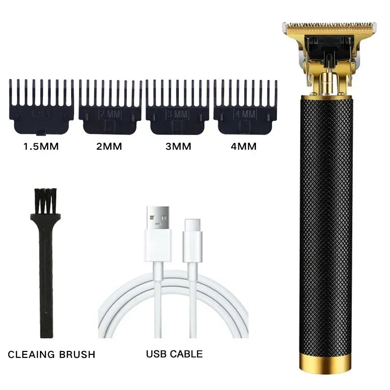 A set of electric hair clipper attachments including various size combs, a cleaning brush, and a USB cable.