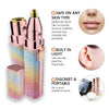 A pink and gold 2-in-1 rechargeable facial shaver and epilator device shown with usage benefits.