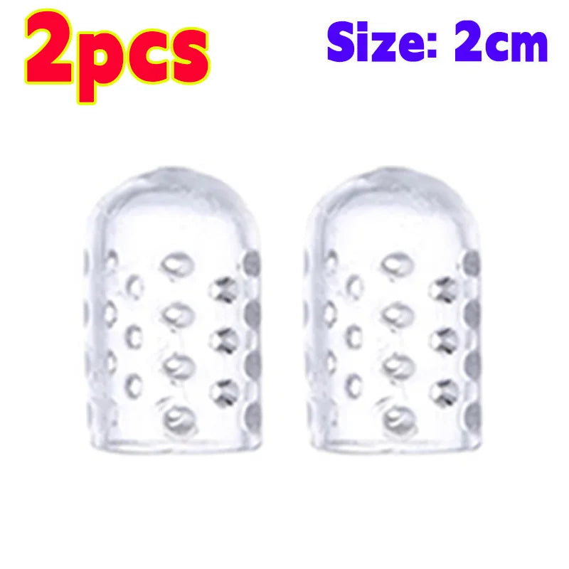 Two clear silicone toe covers, each 2cm in size, for foot protection.