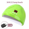 A lime green UV/LED nail curing lamp with 12 lamp beads and a USB charging port.