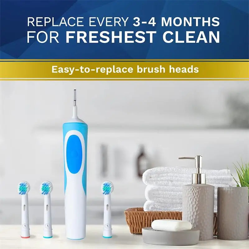 A white and blue replacement brush head is shown next to a white toothbrush and various cleaning accessories.