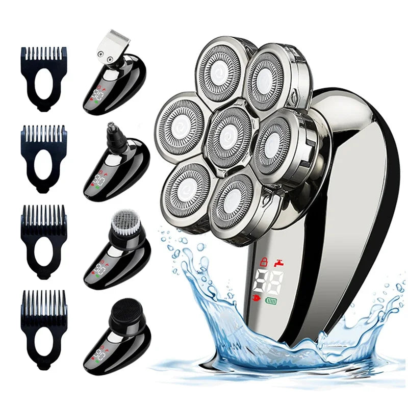 A silver electric shaver and grooming kit with multiple attachments shown submerged in water.