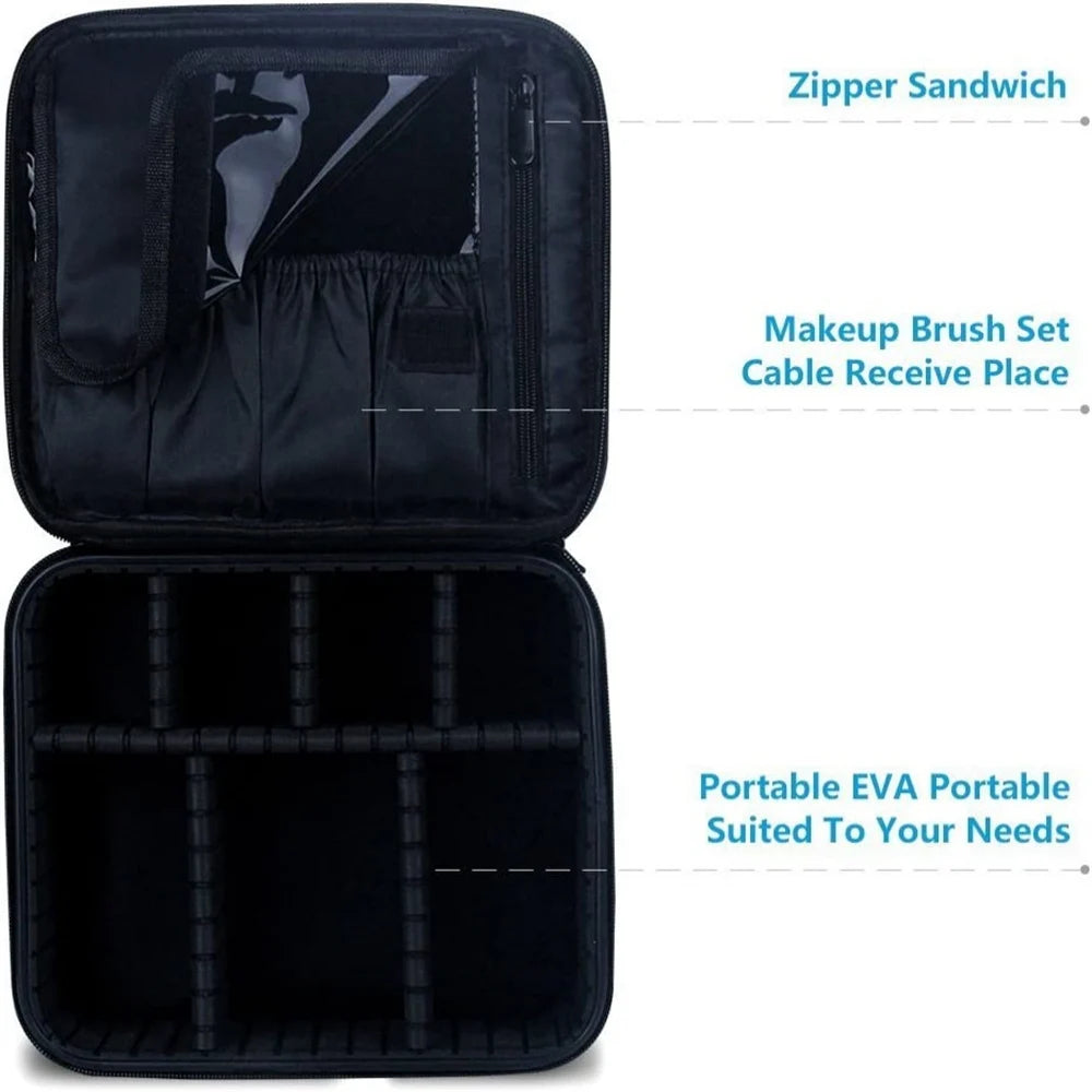Black portable makeup organizer bag with zippered sandwich and dedicated spaces for makeup brush sets and cables