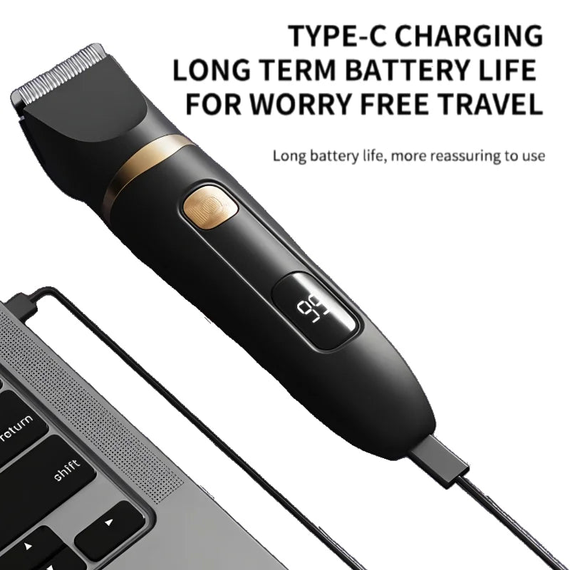 A black Type-C charging trimmer is shown next to a laptop keyboard.