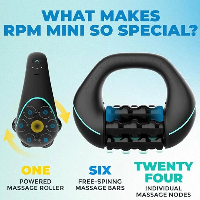 A black handheld massage roller with four massage nodes and a black ergonomic handle is shown next to six free-spinning massa