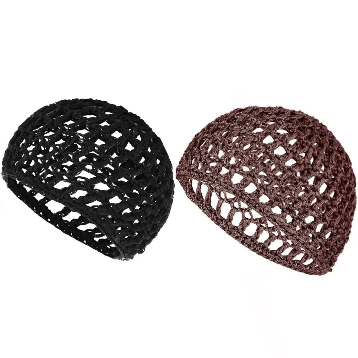 A pair of reversible satin wrap cap bonnets in black and brown are shown.