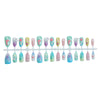 A set of 12 press-on nails shaped like starfish in various shades of almond and gradient blue.