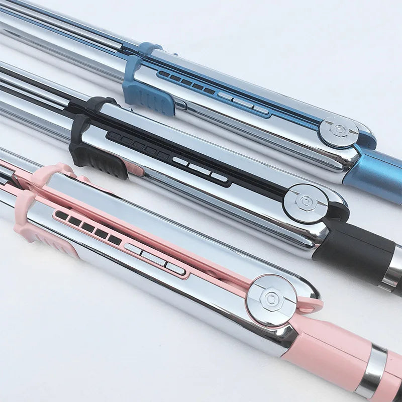 Three hair styling irons in silver, black, and pink are displayed diagonally on a white background.