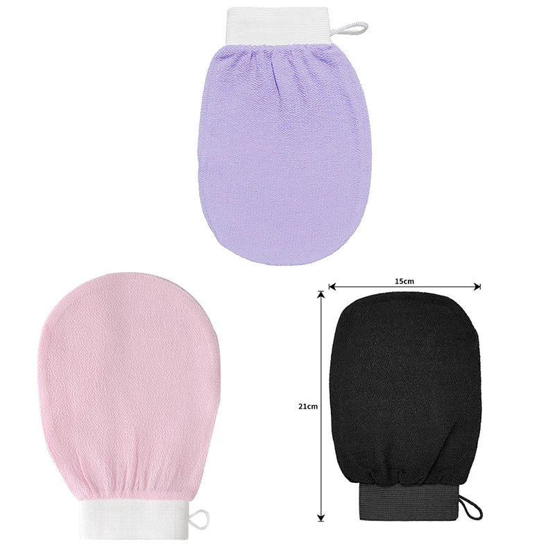 A set of exfoliating body scrubbing gloves in lavender and black with white wrist cuffs.