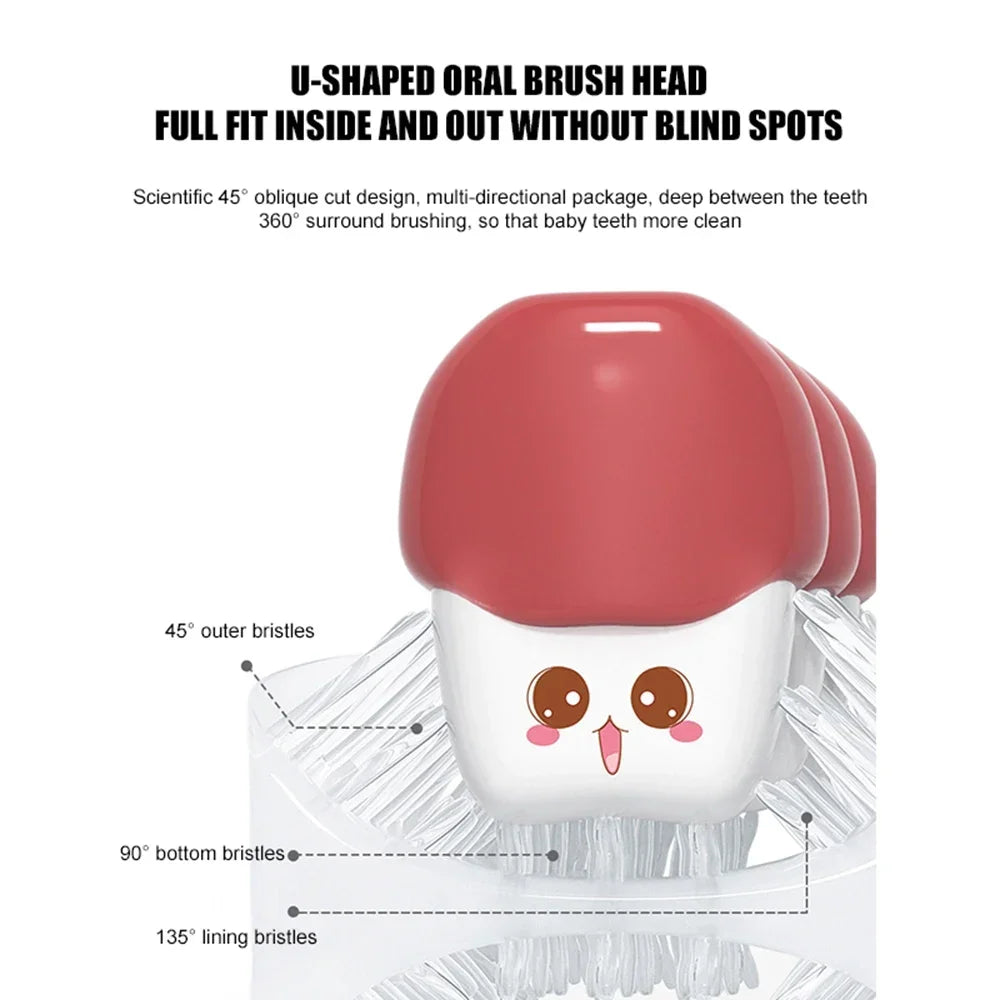 A pink U-shaped oral brush head with 45 degree outer bristles, 90 degree bottom bristles, and 135 degree lining bristles show