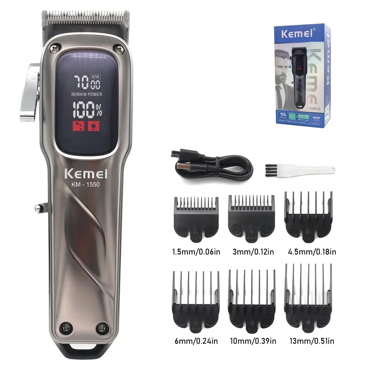 A silver cordless hair clipper with an LED display and various attachments shown below.