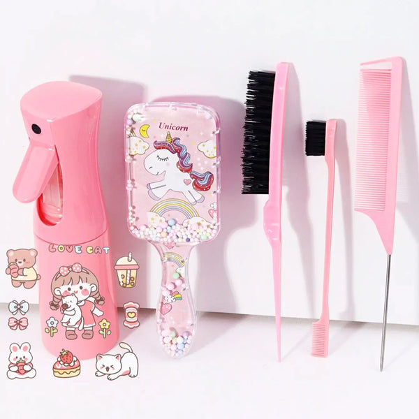 A pink unicorn themed 5-piece DIY hair styling kit featuring a brush, comb, and spray bottle.