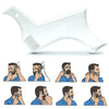 A white all-in-one beard styling template and comb shown with various men using the product.