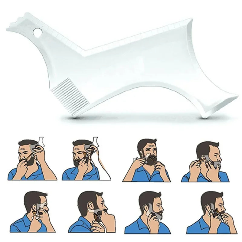 A white all-in-one beard styling template and comb shown with various men using the product.