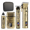 A set of multi-function electric grooming kits including a leather case and several gold-toned grooming tools.