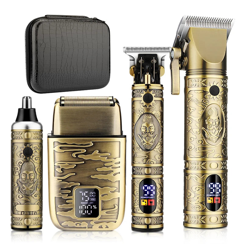 A set of multi-function electric grooming kits including a leather case and several gold-toned grooming tools.