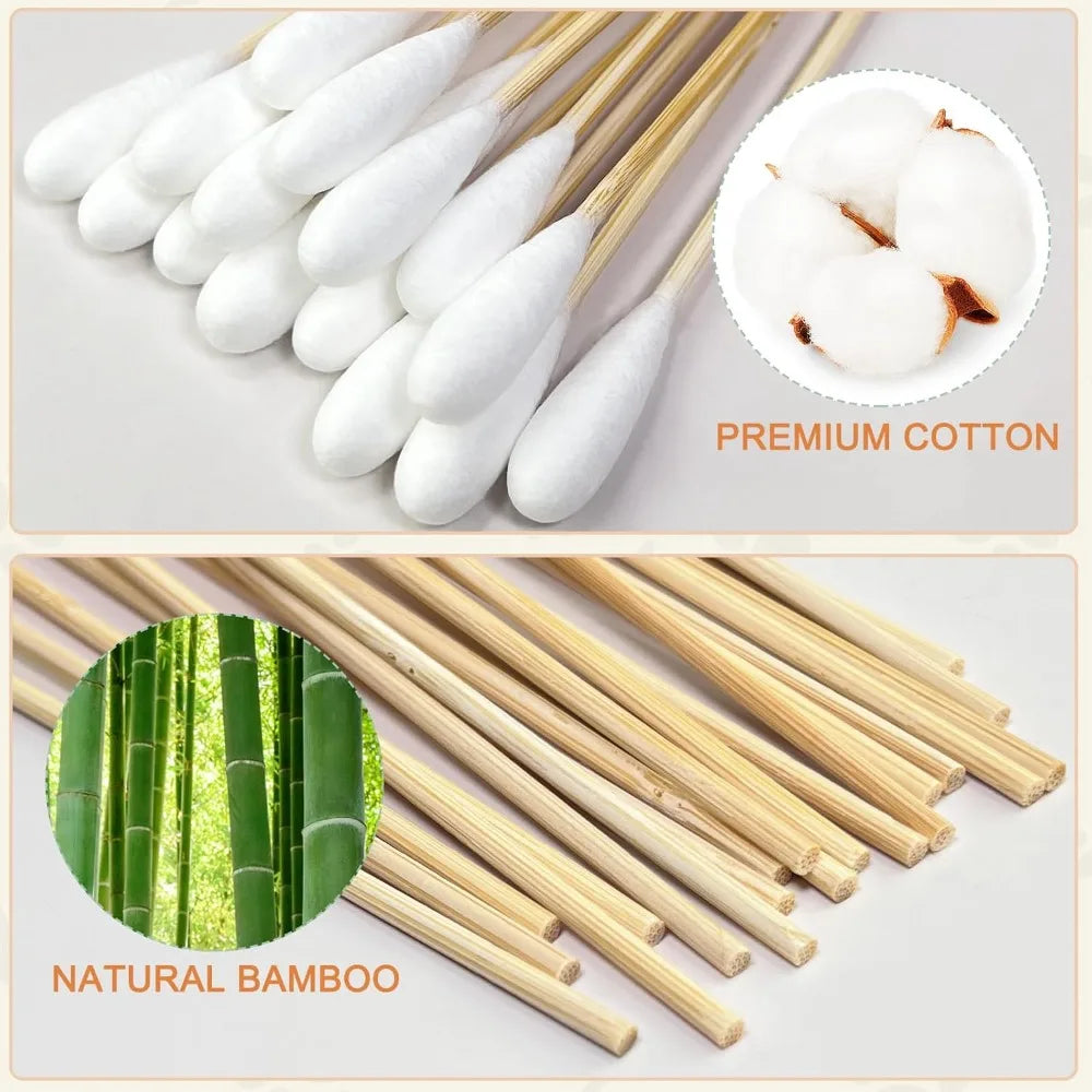 A set of natural bamboo cotton swabs and premium cotton balls shown for use.