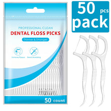 A package of 50 professional clean dental floss picks in thinner and stronger varieties.