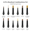 Un set de 12 combinaciones aleatorias de pinceles para arte de uñas, incluyendo plumas, pinceles y puntas afiladas.