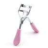 A silver eyelash curler with a pink rubber applicator shown against a white background.