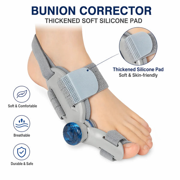 A gray bunion corrector with a thickened silicone pad is shown on a foot, highlighting its soft and skin-friendly features.