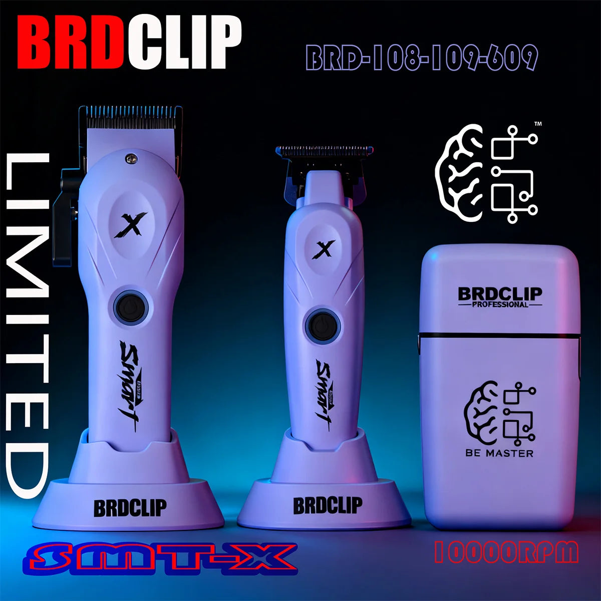A purple BRDCLIP professional hair grooming kit with a smart design and blade, shown against a dark background.